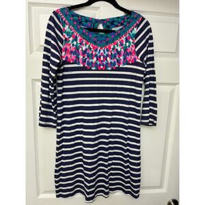 Lilly Pulitzer Dress Small Navy Stripe Pima Cotton Keyhole 3/4 Sleeve Colorful